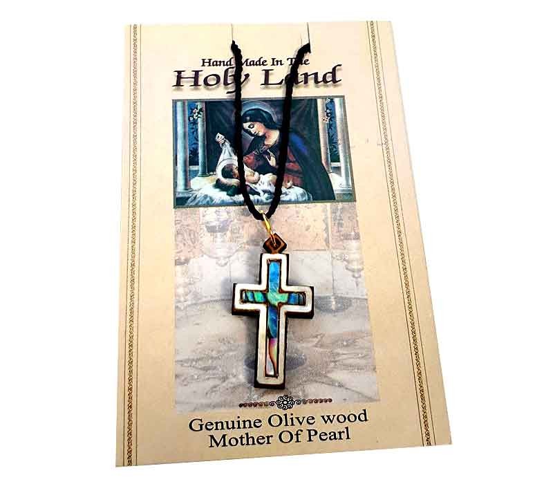 Bethlehem Mother of Pearl & Olive Wood Cross Necklace Pendant Holy