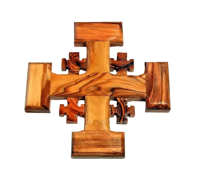 A wooden Jerusalem cross made of olive wood, with a rich, dark grain, displayed against a white background.