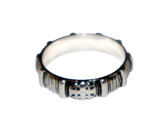 Silver rosary ring with a textured band on a white background