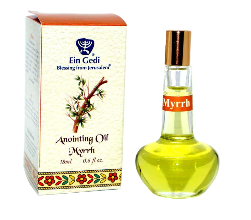 Ein Gedi Myrrh anointing oil bottle and packaging on a white background