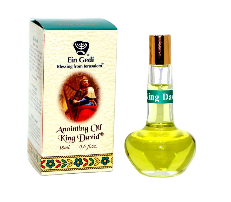 Bottle and box of Ein Gedi King David anointing oil on a white background