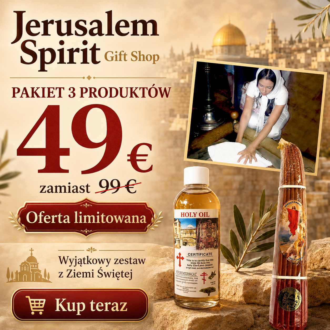 Church of the Holy Sepulchre Jerusalem Gift Bundle – Anointing Oil, Holy Water, Candles & Blessed Shawl