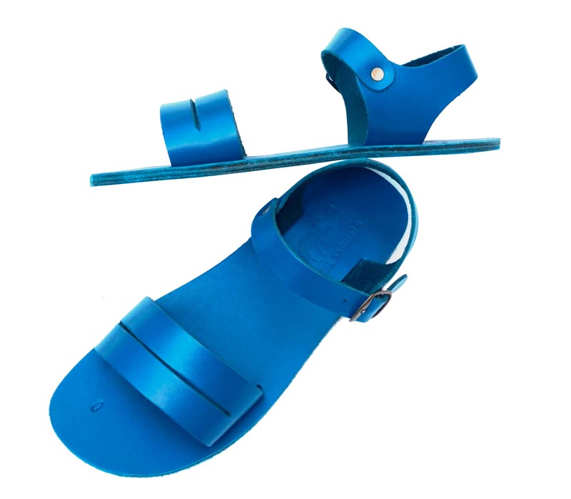 Blue sandals with a strap on a white background