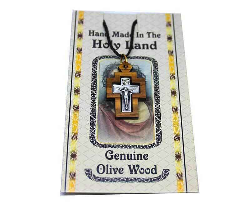 Jerusalem Olive Wood Cross Necklace with Leather Cord
