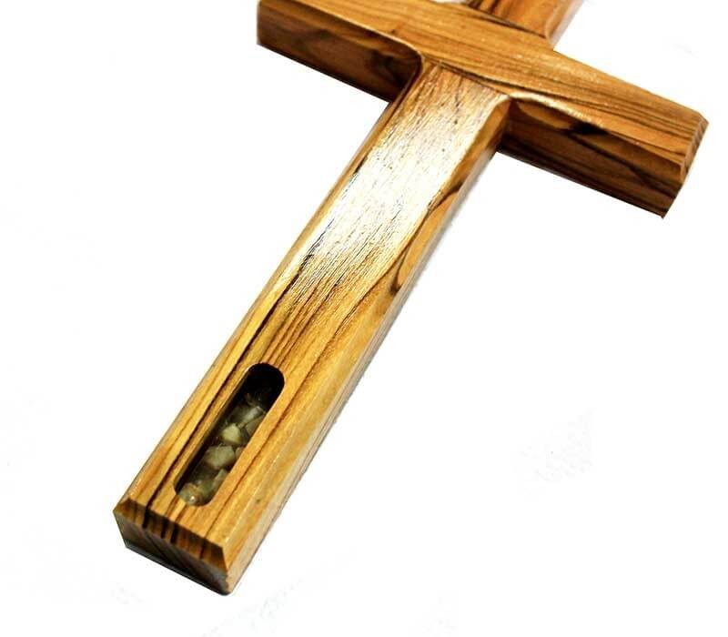 Olive wood Cross - with Holy water & stones inside